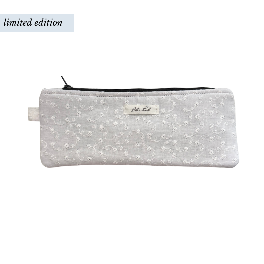 Flat White Embroidered Pencil Pouch