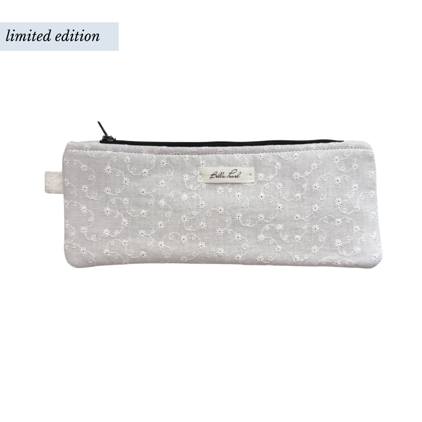 Flat White Embroidered Pencil Pouch