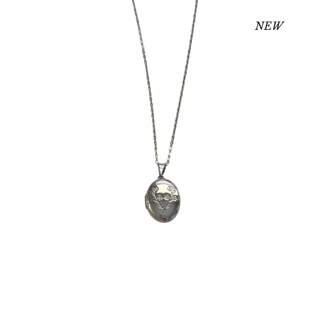 Silver Floral Oval Locket Necklace