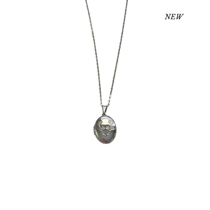 Silver Floral Oval Locket Necklace