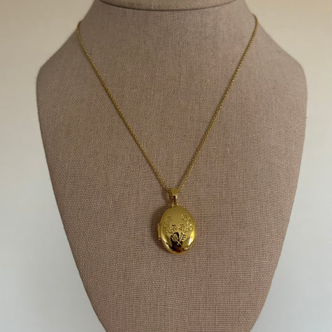Gold Floral Oval Locket Necklace