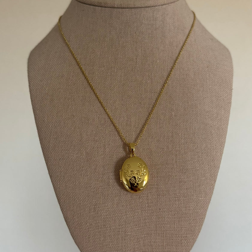 Gold Floral Oval Locket Necklace