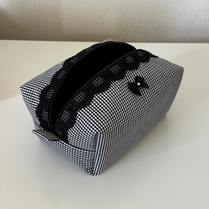 Small Black Lace Gingham Makeup Bag